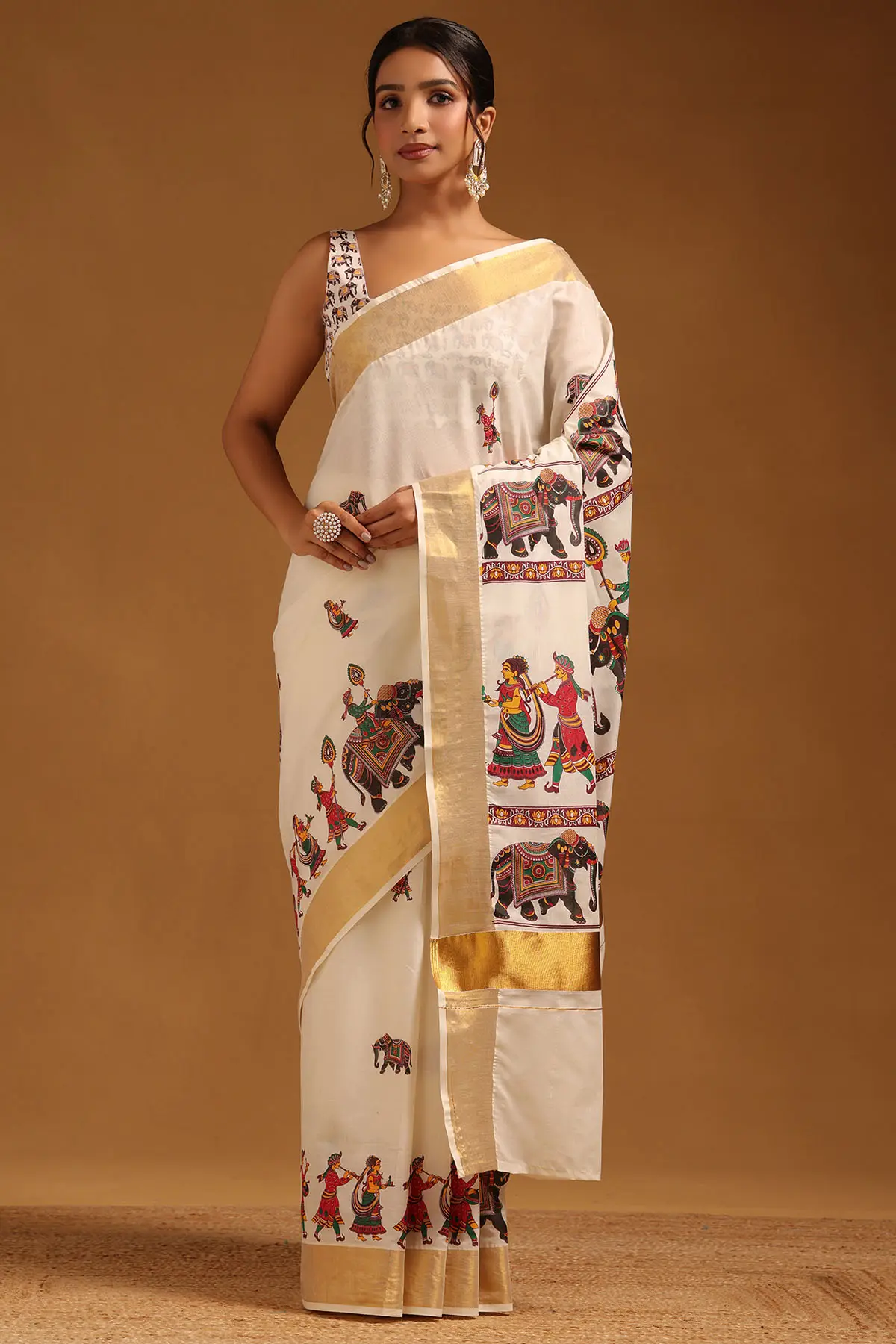 Cream Cotton Ethnic Motifs Printed Kasavu Saree